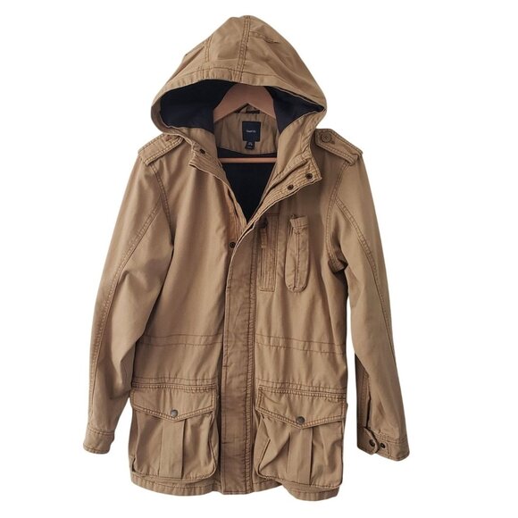 Women's Gap Hooded Camo Acorn Tan Military Field Utility Chore Jacket Gorpcore - Picture 1 of 15